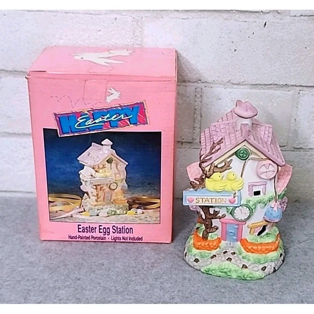 Easter Egg Village Porcelain Buildings Grocery Hotel Police Station‎ 4 Pc Set